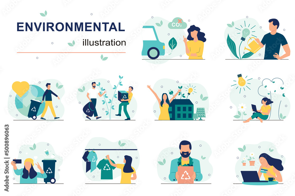 Environmental concept with people scenes set in flat design. Men and women collecting, separating and recycling trash, zero waste, green energy. Vector illustration visual stories collection for web Environmental concept with people scenes set in flat design. Men and women collecting, separating and recycling trash, zero waste, green energy. Vector illustration visual stories collection for web