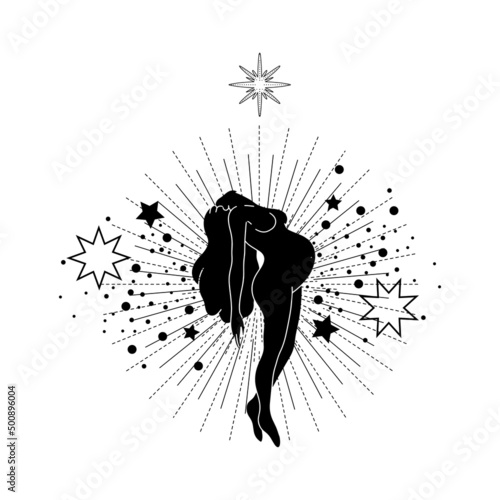 Trendy black line art composition with a pregnant woman body silhouette and celestial bodies. Vector magic woman  illustration for creating posters, postcard, tarot, books, covers.