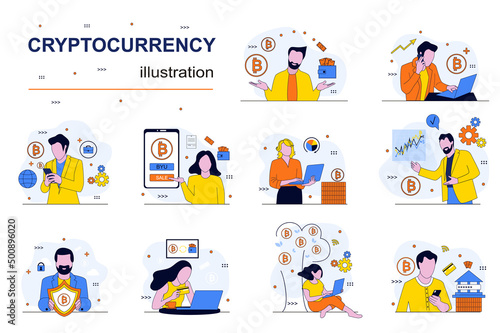 Cryptocurrency concept with people scenes set in flat design. Men and women earning profit with bitcoin transactions at crypto exchange platform. Vector illustration visual stories collection for web