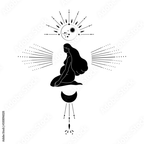 Trendy black line art composition with a pregnant woman body silhouette and celestial bodies. Vector magic woman  illustration for creating posters, postcard, tarot, books, covers.