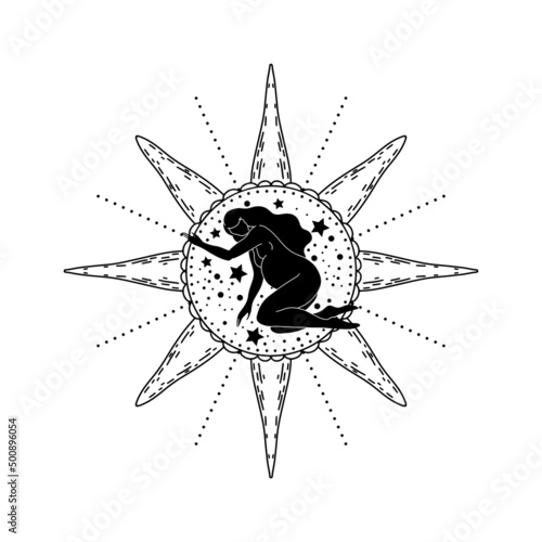 Trendy black line art composition with a pregnant woman body silhouette and celestial bodies. Vector magic woman  illustration for creating posters, postcard, tarot, books, covers.