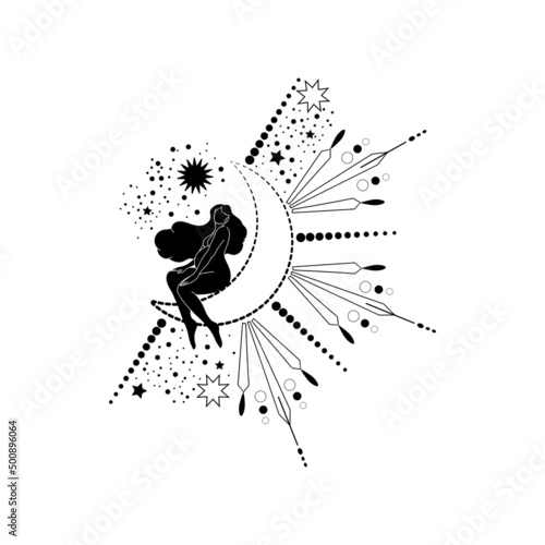Trendy black line art composition with a pregnant woman body silhouette and celestial bodies. Vector magic woman  illustration for creating posters, postcard, tarot, books, covers.