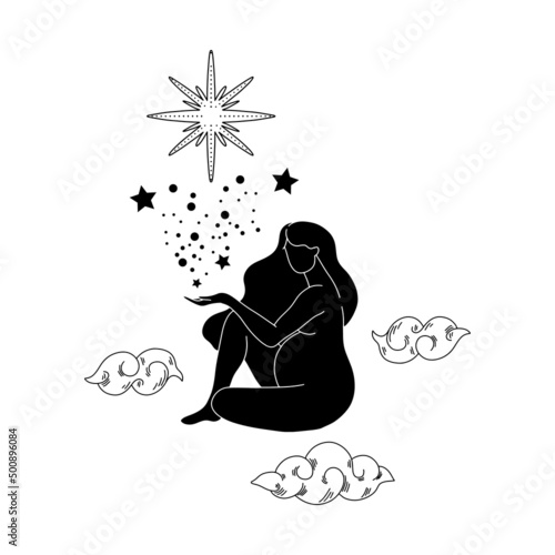 Trendy black line art composition with a pregnant woman body silhouette and celestial bodies. Vector magic woman  illustration for creating posters, postcard, tarot, books, covers.