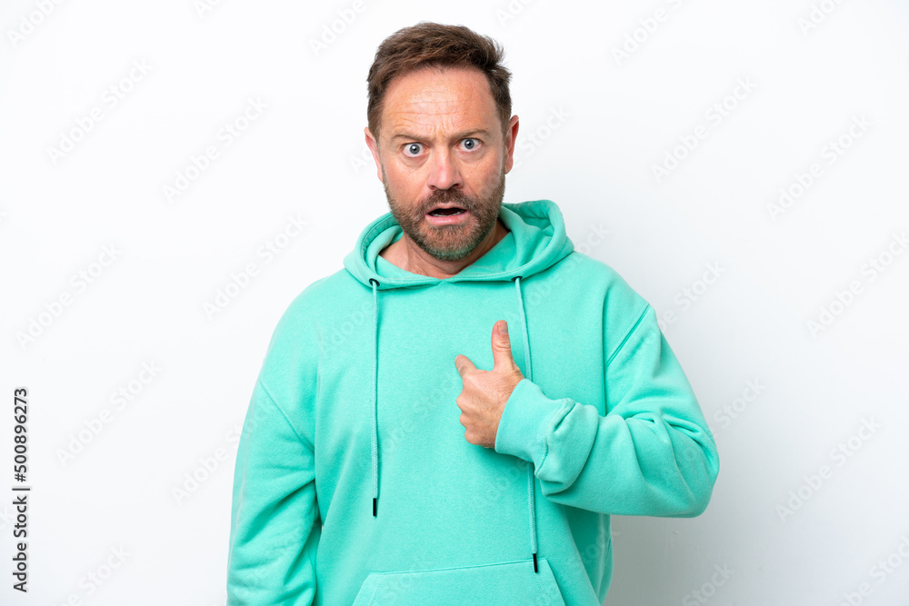 Middle age caucasian man isolated on white background pointing to oneself Middle age caucasian man isolated on white background pointing to oneself
