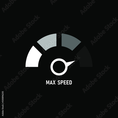 Speedometer logo icon. Max speed meter. Vector illustration isolated on black background.
