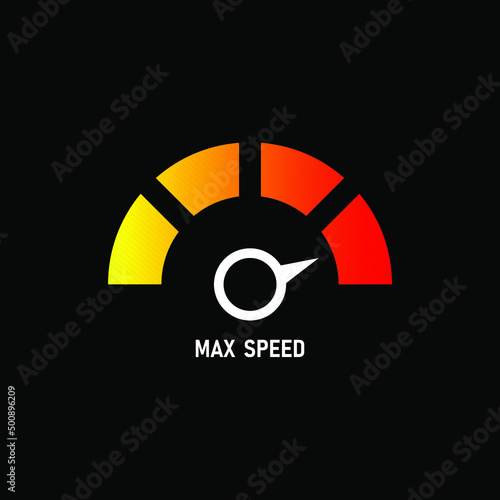 Speedometer logo icon. Max speed meter. Vector illustration isolated on black background.