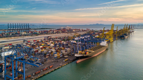 Aerial top view commercial dock freight transportation global business, Container ship business seafreight logistics import export freight shipping, Container vessel cargo freight ship port of loading