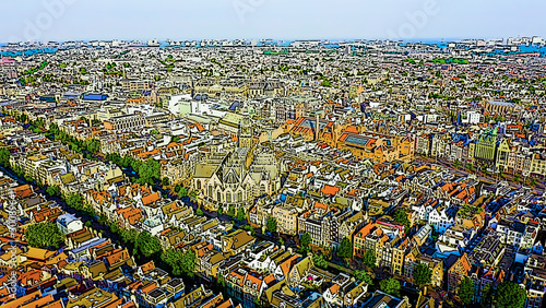 Amsterdam, Netherlands. Flying over the city rooftops. Oudekerk church (De Oude Kerk). Bright cartoon style illustration. Aerial view photo