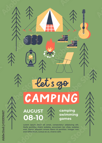 Summer camp poster. Tent, campfire and other stuff for camping. 