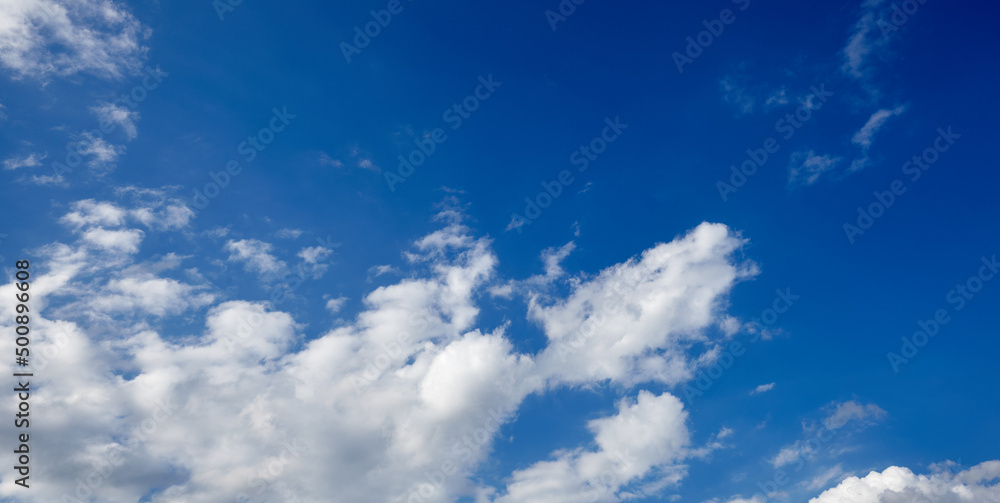 Panoramic photo of blurred sky. Blue sky background with cumulus clouds Panoramic photo of blurred sky. Blue sky background with cumulus clouds