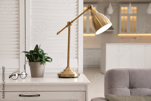 Stylish lamp on chest of drawers in room