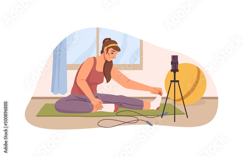 Sports blogger or influencer shooting video about gymnastics or stretching techniques. Vector flat cartoon character with smartphone used as camera. Taking photos and posting in social media