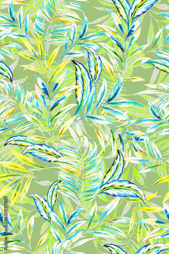 Wallpaper Mural seamless hand painted artistic bright tropical pattern with tropical foliage, areca palm leaves.  Torontodigital.ca