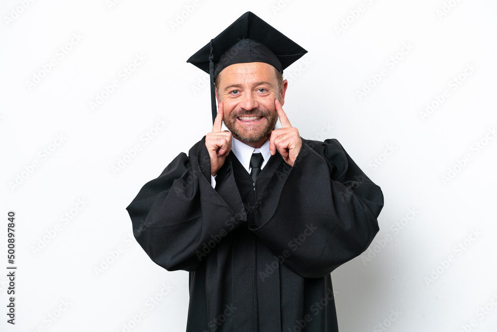 Middle age university graduate man isolated on white background smiling with a happy and pleasant expression Middle age university graduate man isolated on white background smiling with a happy and pleasant expression