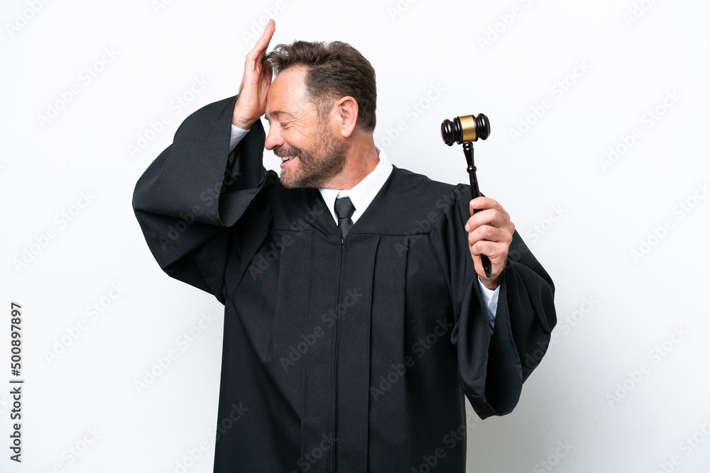 Middle age judge man isolated on white background has realized something and intending the solution Middle age judge man isolated on white background has realized something and intending the solution