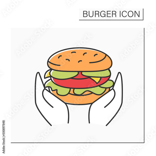 Burger lover color icon. Hands on burgers. Love for unhealthy food.Fast food concept. Isolated vector illustration