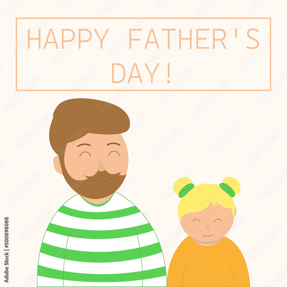 Happy Fathers Day greeting on pink background. Father with daughter and text. Vector illustration.