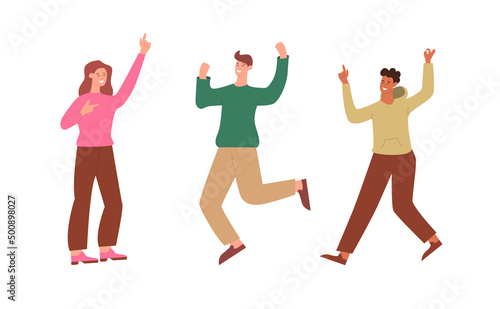 Set of happy people isolated on white background. Jump with raised arms. Celebrate victory or success. Characters feel positive emotions, good mood laughing. Vector Illustration in cartoon style.