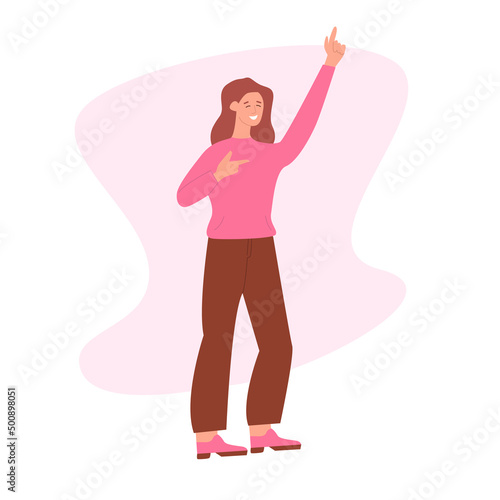 Happy young woman rejoices in success or victory. Good mood. Language of the body.  Vector Illustration in cartoon style.