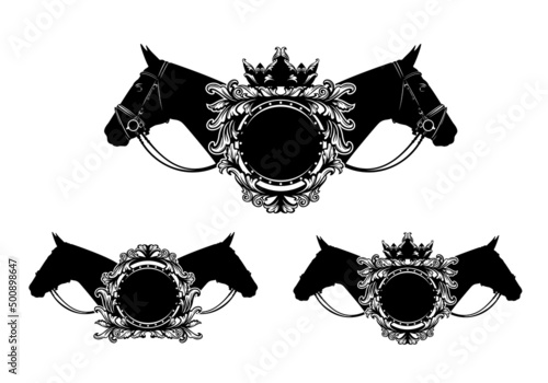 two thoroughbred bridled horses heads and antique style calligraphic floral ornament forming round copy space blank frame with royal crown -  horseback riding black and white vintage vector design set