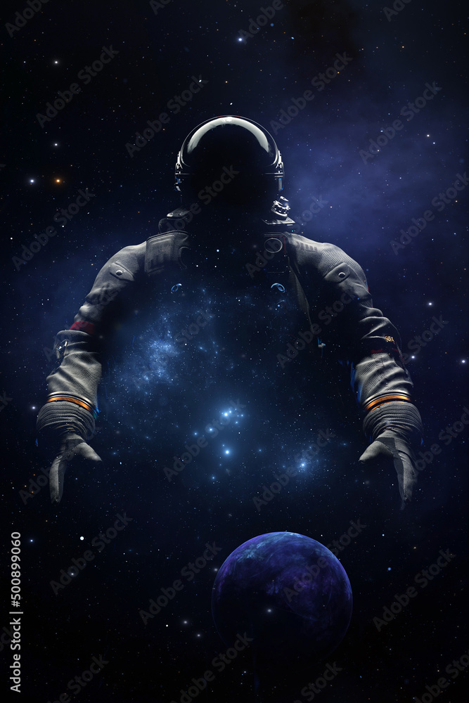 Astronaut in spacesuit helmet is a reflection of stars and galaxies. Space exploration, an astronaut looks up into space. 3d render Astronaut in spacesuit helmet is a reflection of stars and galaxies. Space exploration, an astronaut looks up into space. 3d render