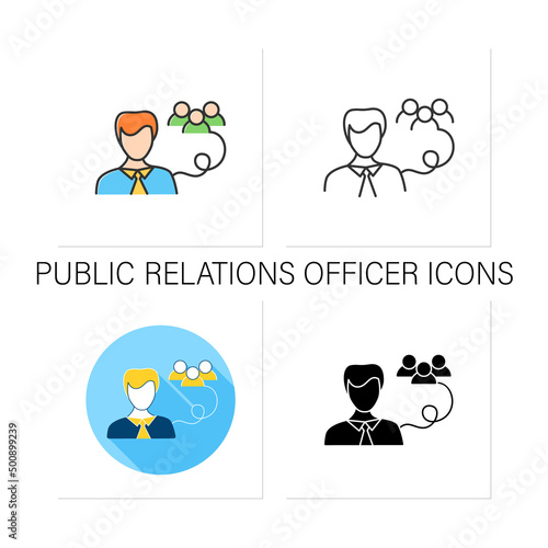 Public relations officer icons set.Head of communications, public relations,public affairs.Communication with community.Collection of icons in linear, filled,color styles.Isolated vector illustrations