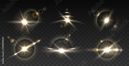 Camera lens flare lights. Shining optics effects. Realistic flash reflexes. Rays and circular shapes. Starburst and gleams with sunshine beams. Vector glowing isolated elements set