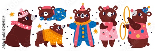 Cartoon bear with objects. Funny animal characters. Circus costumes and attributes. Forest mascot sleeping or juggling. Grizzly in clown clothes or hat. Vector mammals different actions set