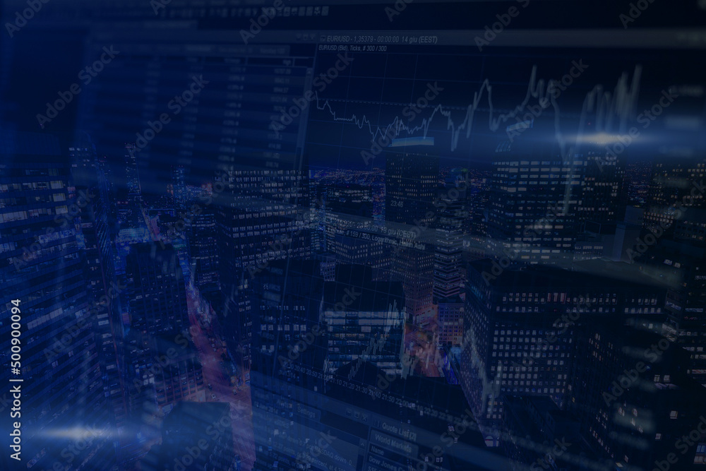 Blue background with high buildings and stock exchange charts. Worldwide economy, trade, market concept Blue background with high buildings and stock exchange charts. Worldwide economy, trade, market concept