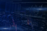 Blue background with high buildings and stock exchange charts. Worldwide economy, trade, market concept