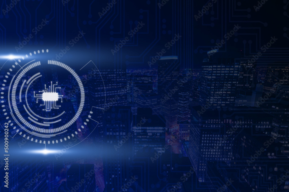 High technology background with virtual glowing microchip, semiconductor. High technologies production and development of artificial intelligence concept High technology background with virtual glowing microchip, semiconductor. High technologies production and development of artificial intelligence concept