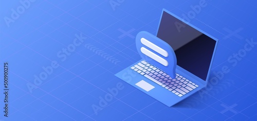 Laptop live chat service. Isometric message icon concept. Online support concept. Vector illustration.