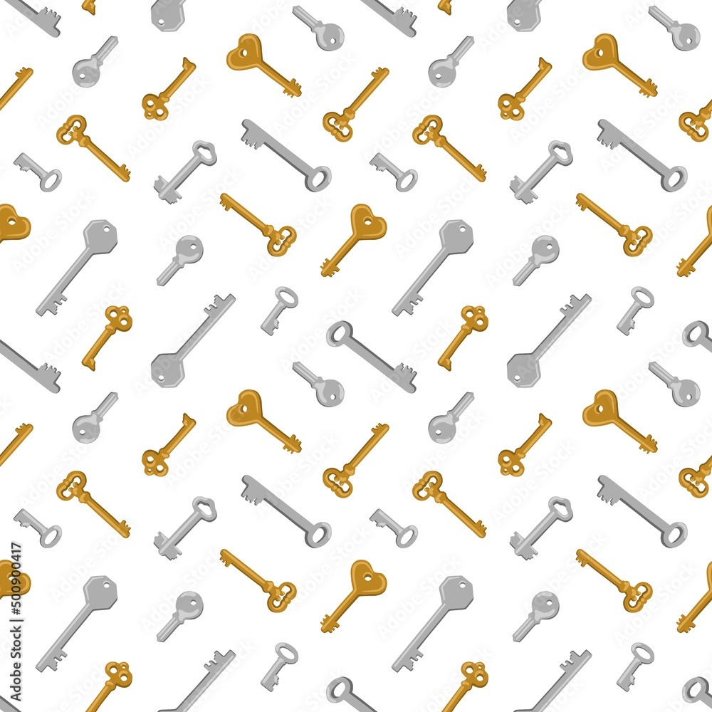 Hand Drawn Old Keys Seamless Pattern. Gold and Silver Vintage Keys Isolated Vector Background Hand Drawn Old Keys Seamless Pattern. Gold and Silver Vintage Keys Isolated Vector Background