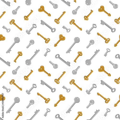 Hand Drawn Old Keys Seamless Pattern. Gold and Silver Vintage Keys Isolated Vector Background