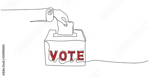 Continuous one line drawing of hand putting or inserting voting paper in the ballot box. Minimalist linear design. Vote concept. Trendy vector illustration