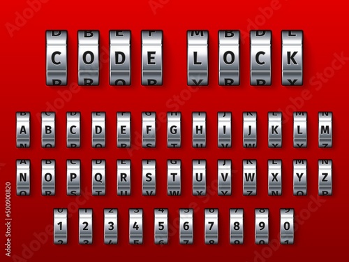 Combination lock font. Padlock safe coding numbers or letters. Realistic spinning alphabet. Metallic wheels. Key variation. Access password. Privacy safety. Vector 3D rotating elements set