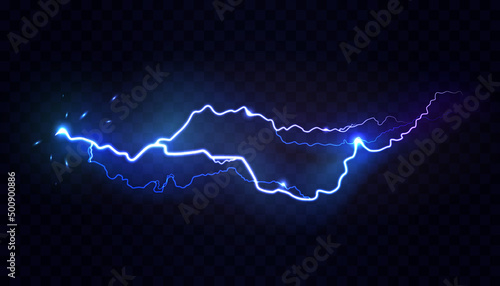 High voltage dangerous burst, electric lightning effect with neon glowing and shining. Vector illustration, stormy weather thunderbolt or flash. Night sky rays of powerful realistic blast