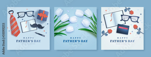 Set of Father's Day poster or banner template with necktie, moustache, notebook, gift box and realistic tulips on blue background