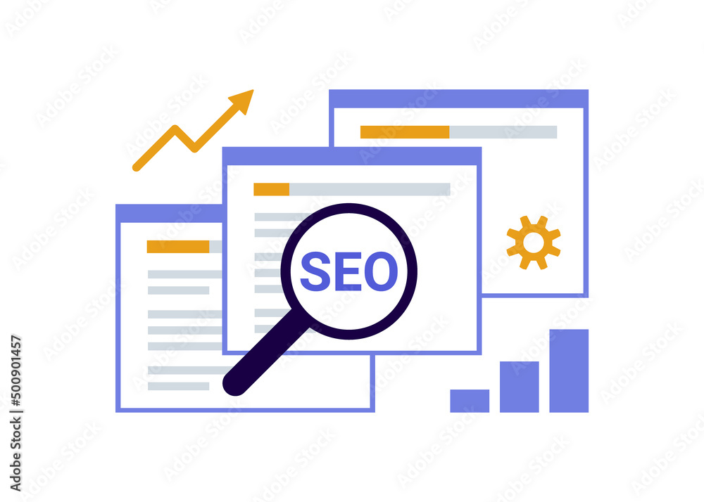 Search engine optimization, SEO optimization, analytics and advertising concept. Search screen with magnifier. Sign SEO top ranking for web. Vector illustration Search engine optimization, SEO optimization, analytics and advertising concept. Search screen with magnifier. Sign SEO top ranking for web. Vector illustration