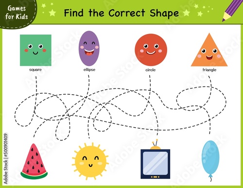 Find the correct shape puzzle game. Maze for kids. Learning shapes activity page for preschool. Mini template for handwriting practice. Vector illustration