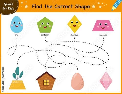 Find the correct shape mini game. Maze for kids. Learning shapes activity page for preschool. Puzzle template for handwriting practice. Vector illustration