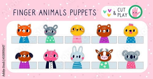 Finger animal puppets. Funny handmade toy. Home theatre performance. Baby educational game. Hobby and relaxing. Cute creatures heads and dotted lines to cut. Vector childish hand dolls set