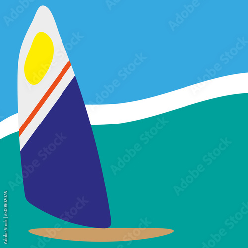 Background with a marine theme in blue and turquoise colors with a picture of a windsurfing board