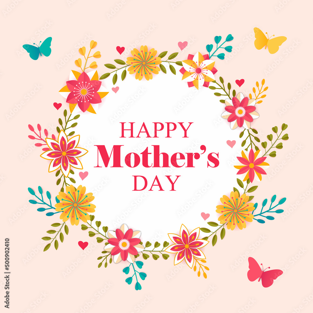 Happy Mother's Day Floral Design Greeting Card. Floral wreath colorful Poster Banner. Celebrating motherhood. Typography, flowers, leaves, twigs vector illustration. Millennial pink Digital graphic.