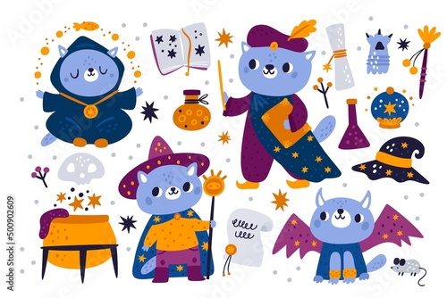 Magic tools. Funny cat magicians with witchcraft and alchemical accessories. Kitten wizards in costumes. Sorcerers in cloaks and hats. Fairytale warlocks. Vector magical animals set