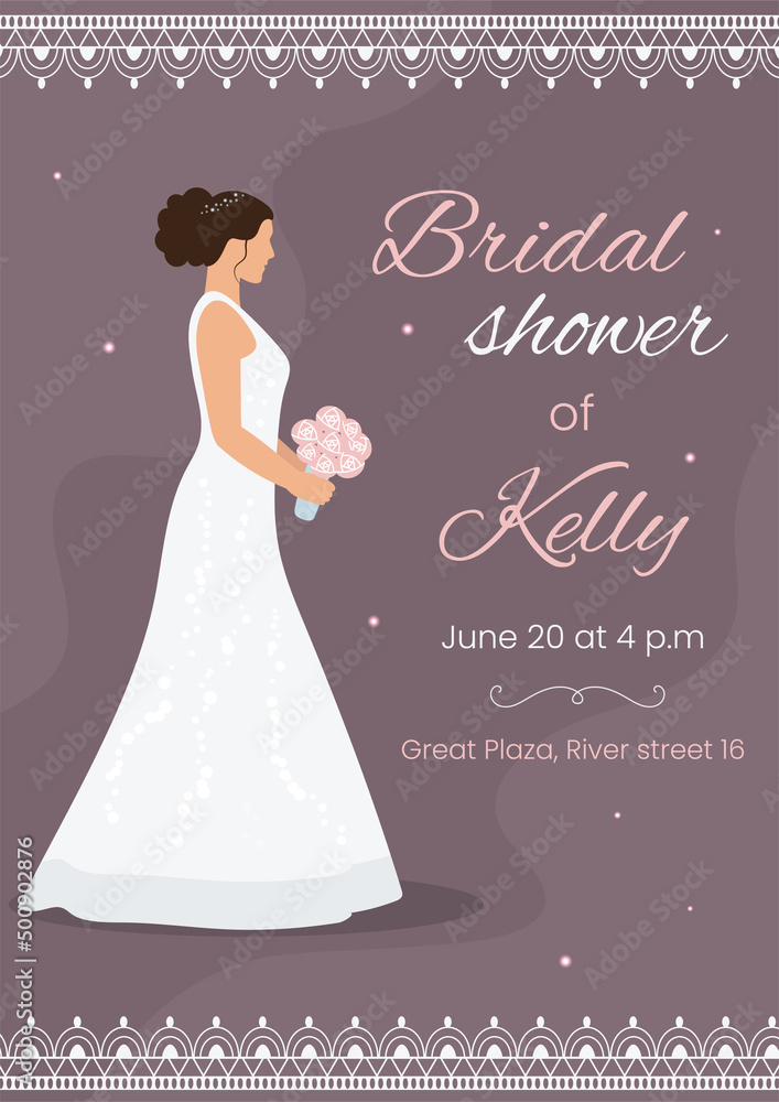 Bridal shower invitation card. Bride in wedding dress with bouquet of flowers on violet pastel background. Invite template. Marriage concept. Vector illustration Bridal shower invitation card. Bride in wedding dress with bouquet of flowers on violet pastel background. Invite template. Marriage concept. Vector illustration
