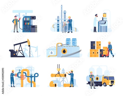 Oil industry workers. Petroleum processing. People at gasoline station or refinery. Gas engineers. Rigs and pipeline construction. Mechanic pumps. Vector fossil fuel extraction set