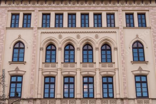 Munich, Germany - December 19 2021: Street view of the facade of the building in Munich downtown on Winter day.