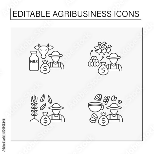 Agribusiness line icons set. Dairy and grains farming, egg hatchery production, tea and coffee cultivation. Profitable business concept. Isolated vector illustrations. Editable stroke