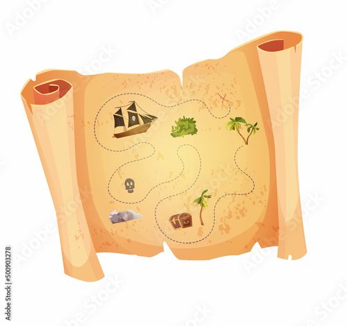 Ancient parchment pirate's treasure map, paper with vintage texture. Cartoon vector illustration for 2d game.